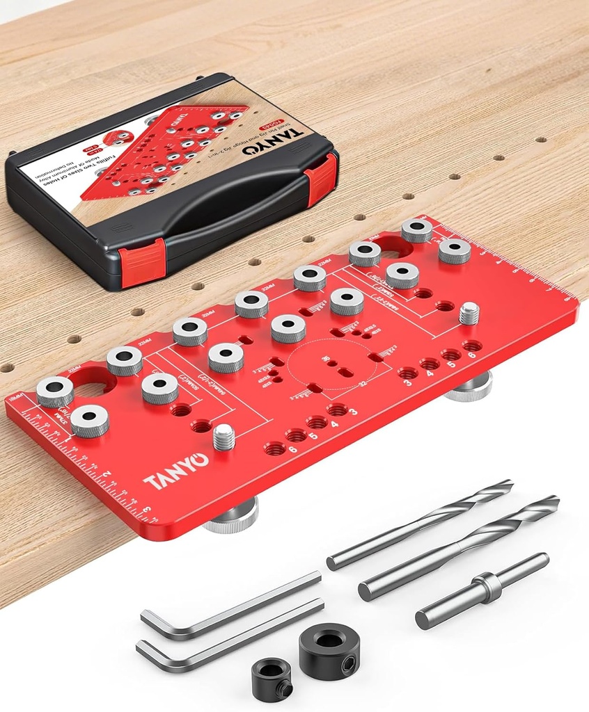 TANYO Shelf Pin Jig and Hinge Jig 2 In 1, 1/4 Inch Adjustable Shelf Pin Drilling Jig, Aluminum Shelf Jig for 5mm Straight Holes, Cabinet Hardware Jig Woodworking Tool Drill Guide