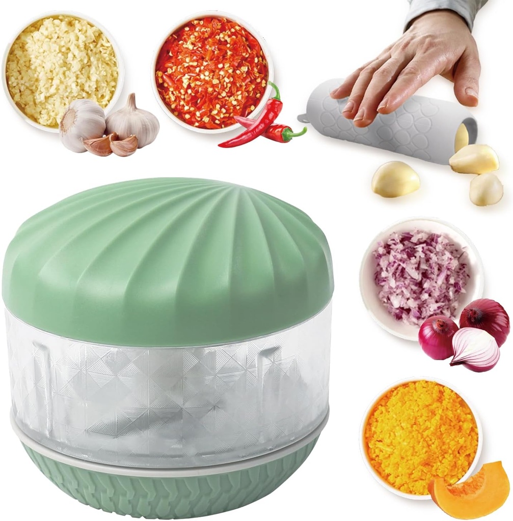 Portable Hand-Powered Garlic Mincer, Mini Manual Food Chopper for Small Kitchen, Multi-Use Onion Cutter for Garlic, Vegetables Ingredients, Ginger, Fruits, Set with Peeler (2 Pieces)