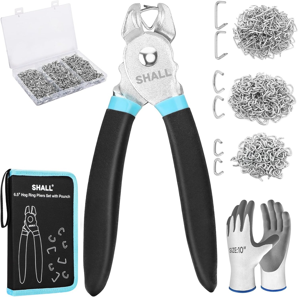 SHALL Hog Ring Pliers Kit with 600pcs Galvanized Hog Rings (3/8’’, 1/2’’, 3/4’’) for Upholstery, Fence, Animal Pet Cages, Bungee Cords, Bagging, Protective Gloves, Storage Case & Bag Included
