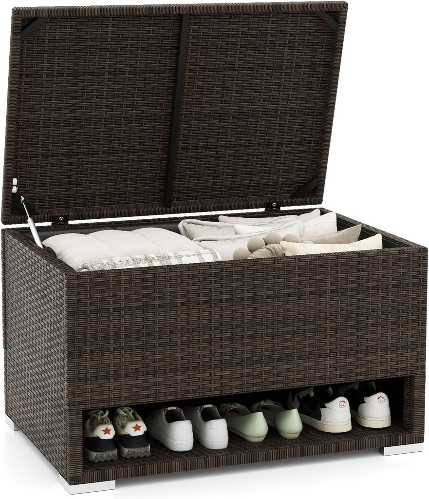 Tangkula 48 Gallon Rattan Outdoor Storage Box with Shoe Rack, Outdoor Storage Bin with Protective Liner, PE Wicker Deck Box for Patio Cushion Furniture, Pool Supplies and Garden Tools (48 Gallon)
