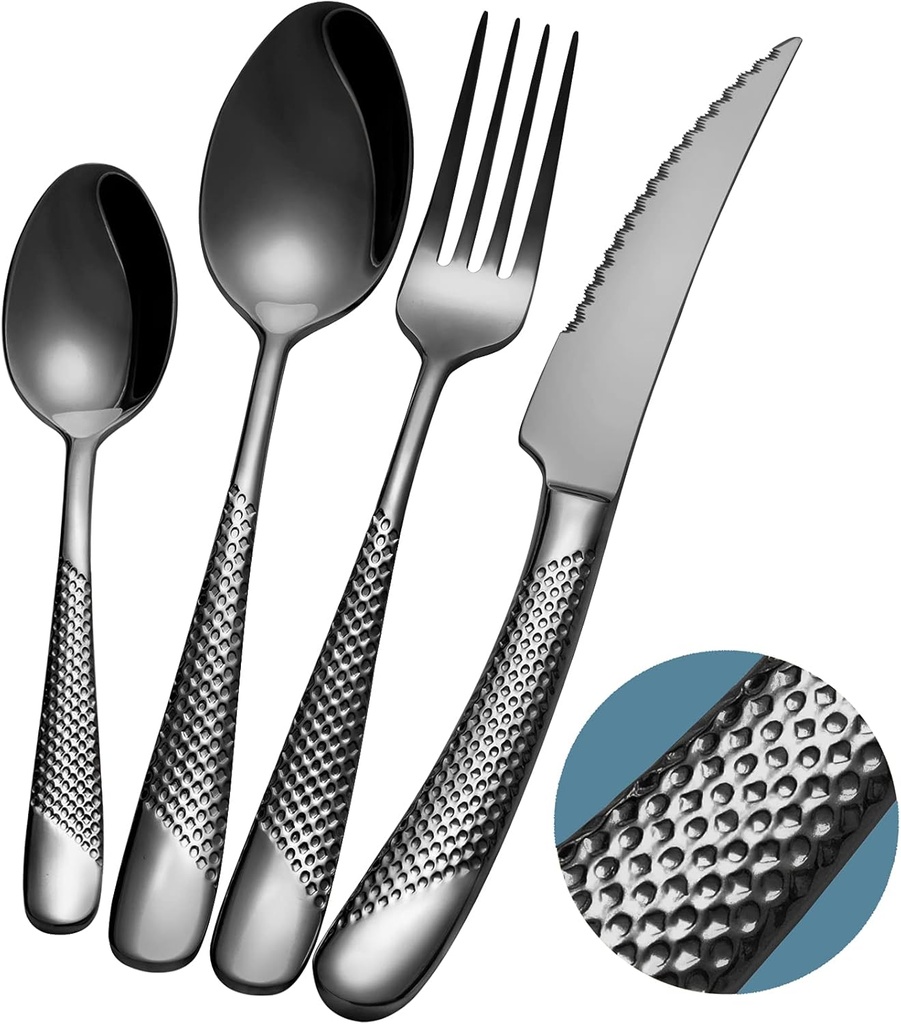 16-Piece ​Modern Black Hammered Silverware Set with Ultra Sharp 2-IN-1 Serrated Knives, 18/10 Stainless Steel Flatware Set, Titanium ​Plated Cutlery Set Service for 4, Dishwasher Safe