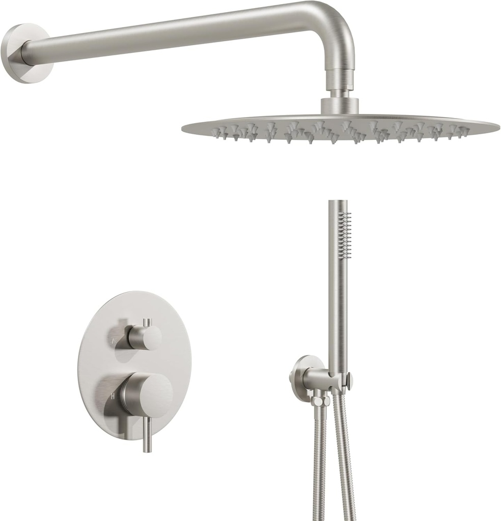 WELLFOR 10" Wall Mounted Shower Faucet Set Dual Head Shower Faucet System with 2-way Diverter, Shower System with Handheld Spray, Rough in Valve, Hot Cold Water, Brushed Nickel