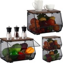 2 Pcs Stackable Mesh Fruit Basket with Lid Wall Produce Vegetable Storage Basket Onion Potato Snack Hanging Metal Wire Container for Kitchen Counter Pantry(Non-removable,Black,7.1"w & 11.8"l)