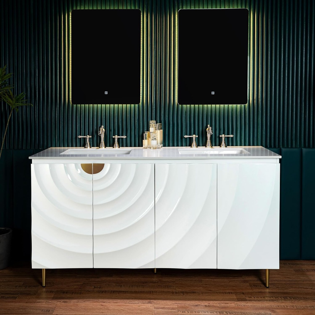 WOODBRIDGE 60"x22" Bathroom Vanity with Double Ceramic Undermount Sinks, White Engineered Stone Top,3D Wave Pattern Cabinet Doors, Sleek Thin Legs,Glossy White Finish for a Clean, Modern Look