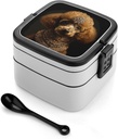 Poodle Puppy Bento Box with Spoon, 2-layer Stackable Lunch Box Leak Proof with Invisible Handle, Insulated Food Storage for Office, Picnic & Travel