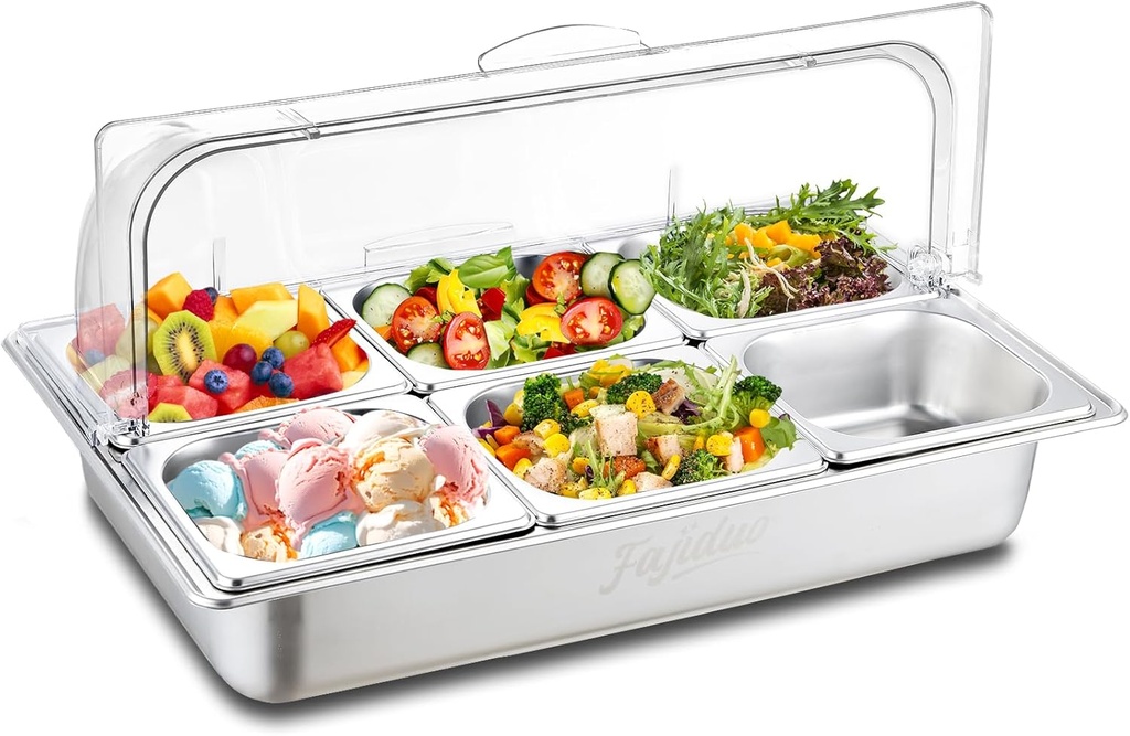 Countertop Ice Food Serving Display Container, Spice Display Salad Dressing Cooler, Stainless Steel Food Serving Tray Buffet Condiment Dispenser with Clear Roll Top Cover