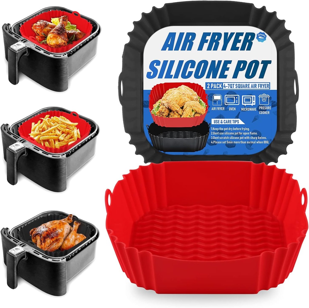2-Pack Square Silicone Air Fryer Liners Pot, 8-Inch Reusable Inserts for 4–7QT Air Fryers, Food-Safe Oven Accessories