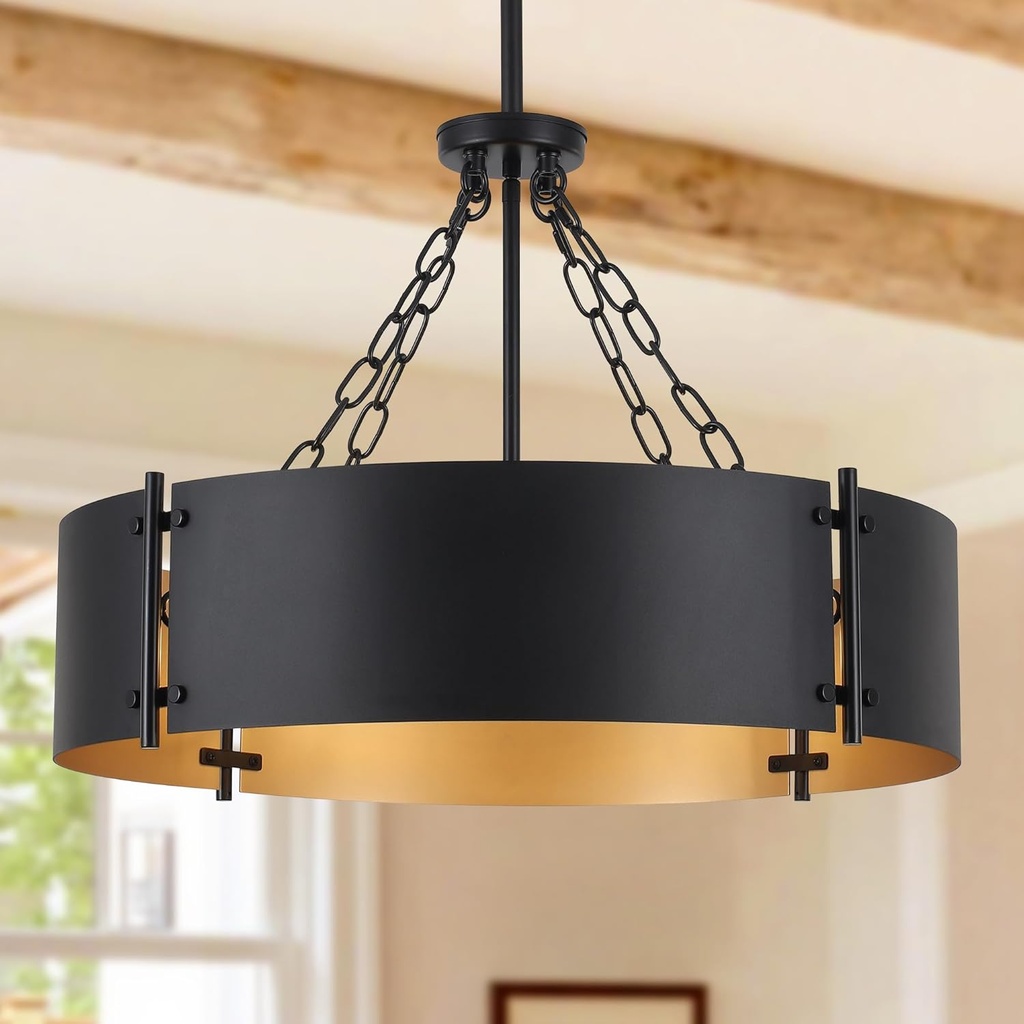 23.62'' Modern Drum Chandelier Black and Gold 6-Light Farmhouse Industrial Large Pendant Light Fixture Adjustable Rustic Hanging Ceiling Light Chandeliers for Dining Room Kitchen Living Room Entryway