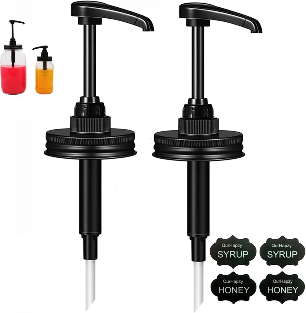 Wide Mouth Mason Jar Honey Pump Dispenser Lid & 4pcs Sticker,Food Grade Plastic pumps and 3.38 Inch Stainsteel Steel Lids Rust Proof Leak-Proof for Jam Ketchup Sauce NO JAR QurHapzy