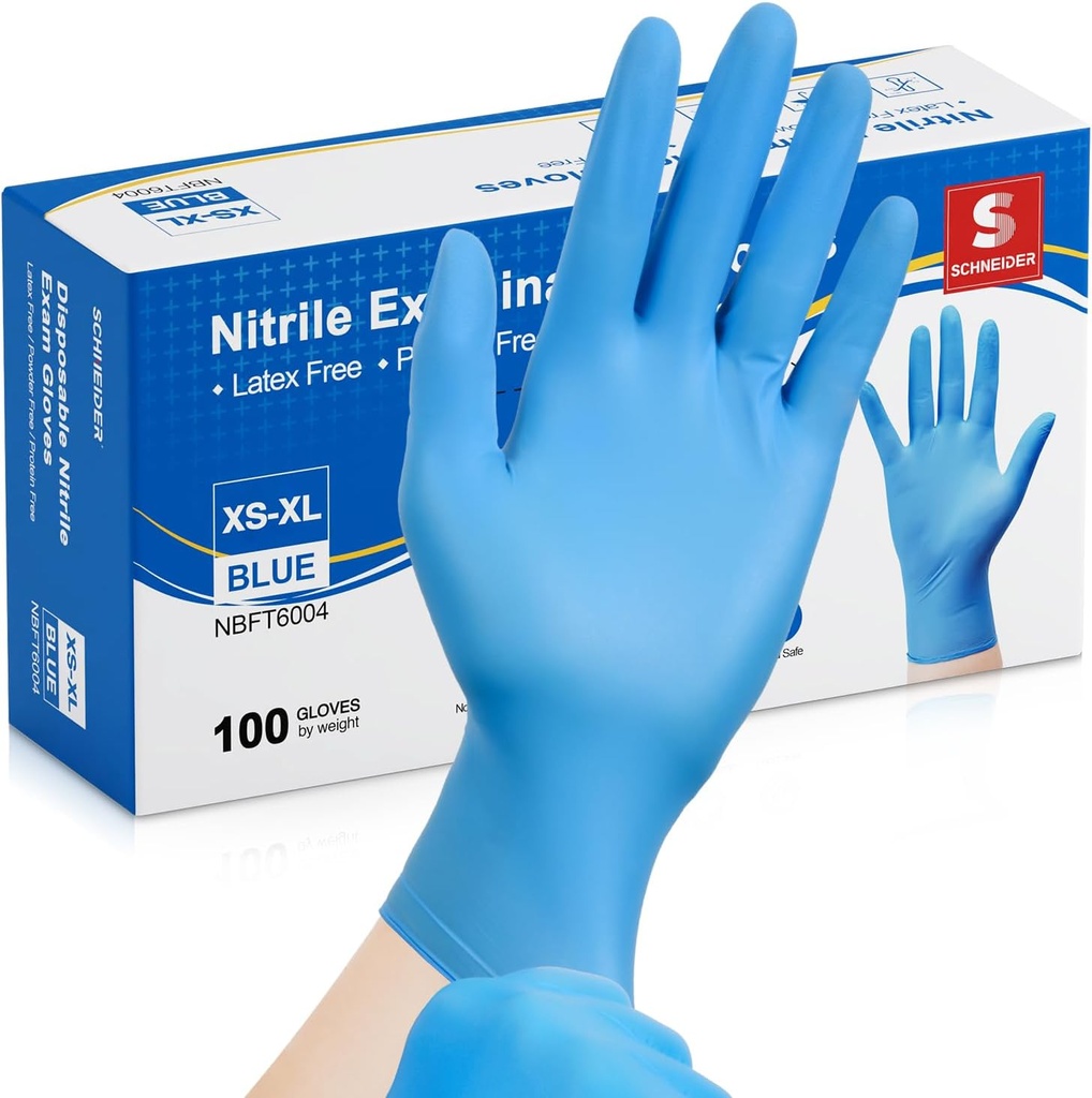Schneider Nitrile Exam Gloves, Blue Disposable Gloves, Medical Grade, Food Grade, Latex Free
