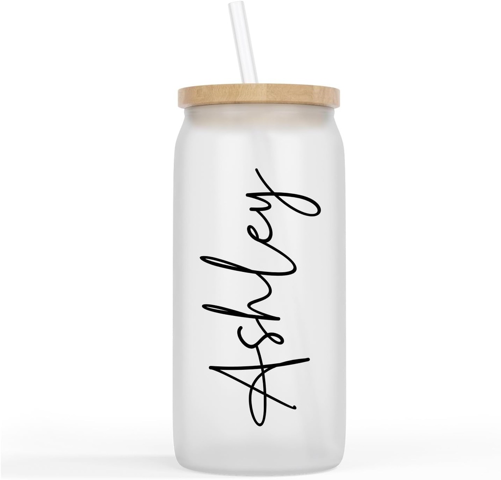 Personalized Iced Coffee Cup With Name, Glass Tumbler, Bridesmaid Proposal, Gifts for Her, 16oz Glass Iced Tea Coffee Cup With Lid And Straw.