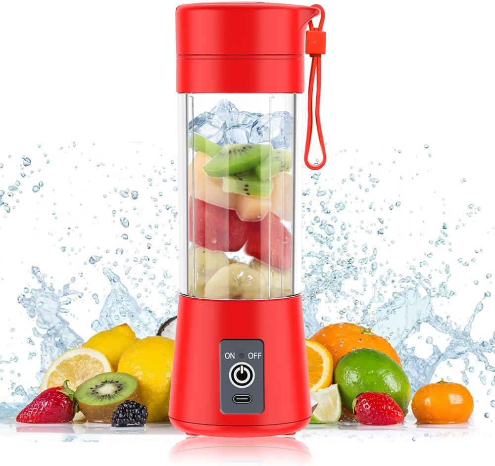 Portable Blender for Shakes and Smoothies with 14 Oz BPA Free Travel Cup and Lid - Personal Travel Blenders for Smoothies - Mini Fruit Juice Mixing Shaker Bottle (380ml) (Red)