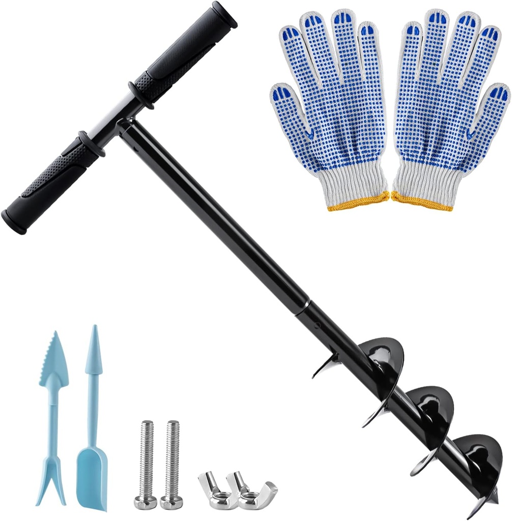 Hand Post Hole Digger - 24'' x 4" Earth Garden Auger Drill with Gloves, Non-Slip Handle, Spiral Drill Planter Bit for Planting Trees, Seedlings, Bedding Plants, Deep Cultivating, Digging Weeds Roots