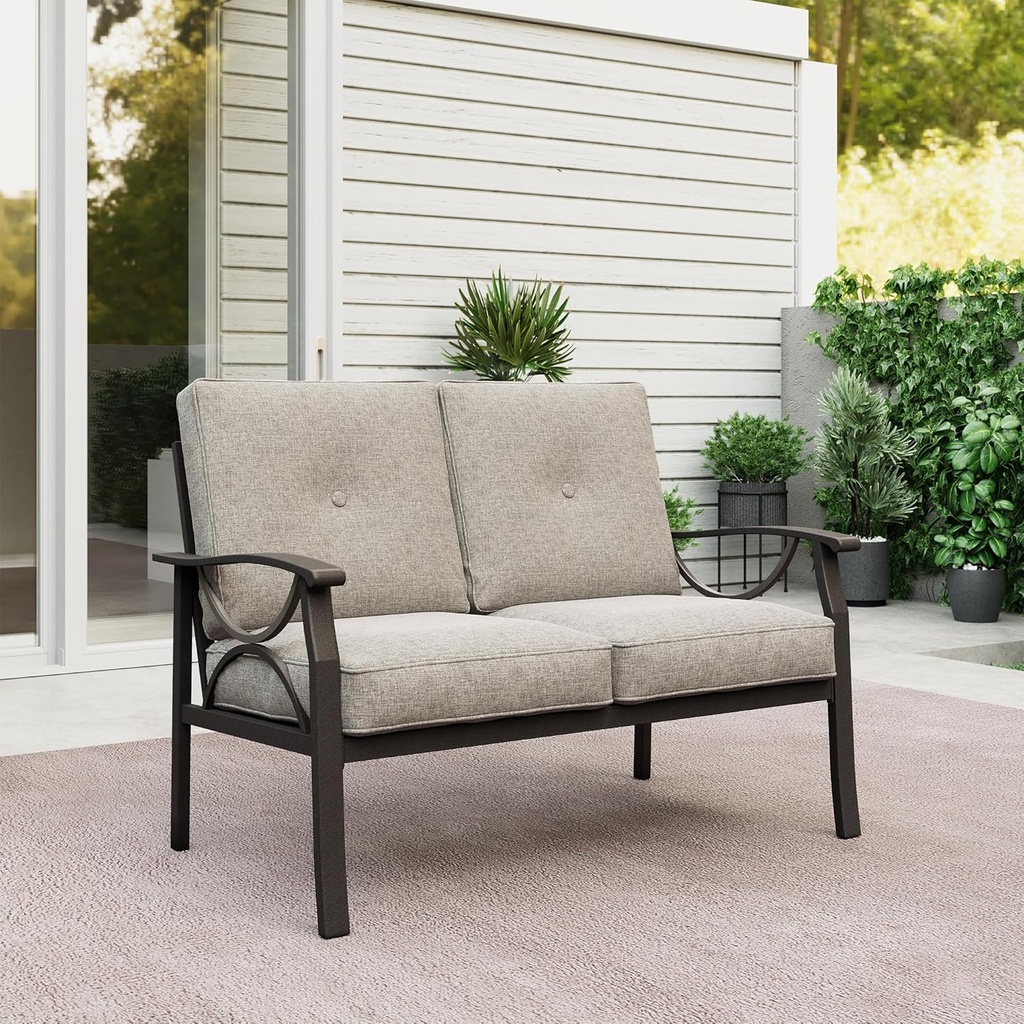 RoyalCraft Patio Loveseat, All-Weather Outdoor 2 Seats Sofa Couch, Khaki Metal Furniture with Beige Cushions