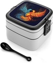 Fire And Water Phoenix Bento Box with Compartments Double Layer Bento Lunch Box with Spoon And Handle All-in-One Adult Lunchbox Leakproof Lunch Container for Work Picnic Travel