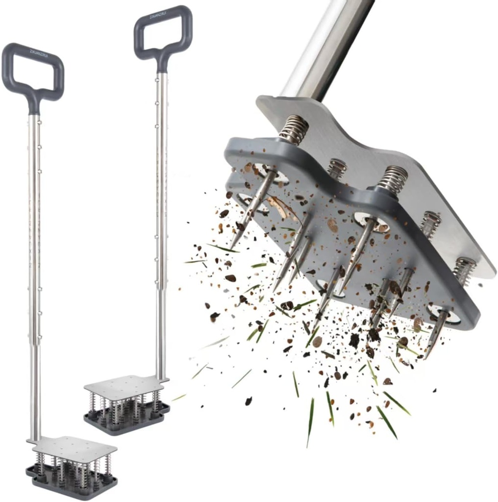 Lawn Aerator Tool, Set of Two Lawn Aerators With 26 Stainless Steel Spikes, Spring-Loaded Bottom Automatically Ejects Leaves and Cleans Debris, Manual Aerator for Lawns, Yards, and Gardens.