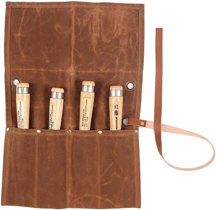 Chisel Roll, Waxed Canvas Tools Wrench Roll Up Pouch,Chisel Carrying Case,Wrench Holder Pouch, 4 Pockets Tote Organizer for Knife Hammers, Gouges, Best Gift for Electrician,Carpenter or Mechanic