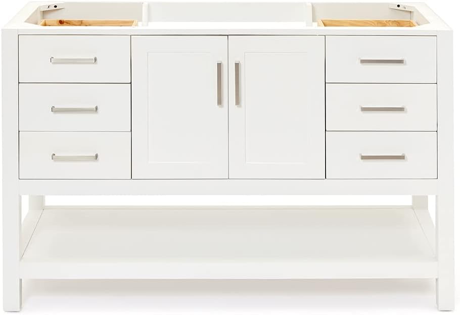 ARIEL 54" White Bathroom Vanity Base Cabinet, Center Rectangular Sink, 2 Soft Closing Doors, 6 Full Extension Dovetail Drawers,Large Open Storage Space, Brushed Nickel