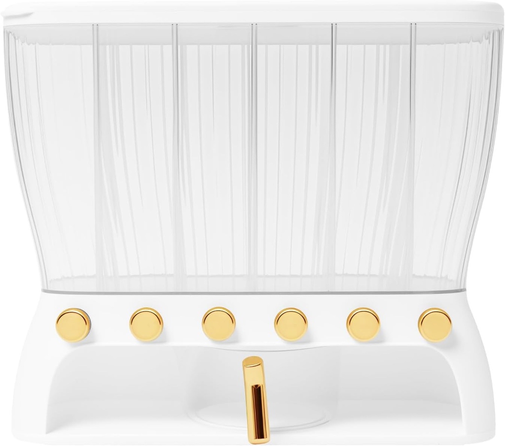 6-Compartment Dry Food Storage Container – 22 lb Airtight Grain Dispenser – Adjustable Dividers – Press-to-Dispense – Clear & White – for Rice, Flour, Cereal, Nuts