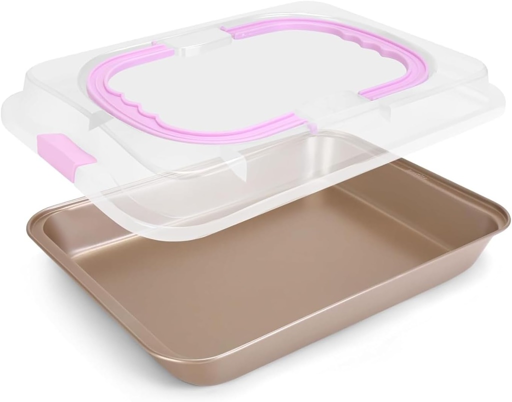 Baking Pan with Lid Rectangular Cake Pan Nonstick Bakeware Baking Pan Carbon Steel Cake Carrier Pan for Roasting Baking Storing Oven and Freezer Safe 10x14 Inch, Normal, Champagne Gold Pink