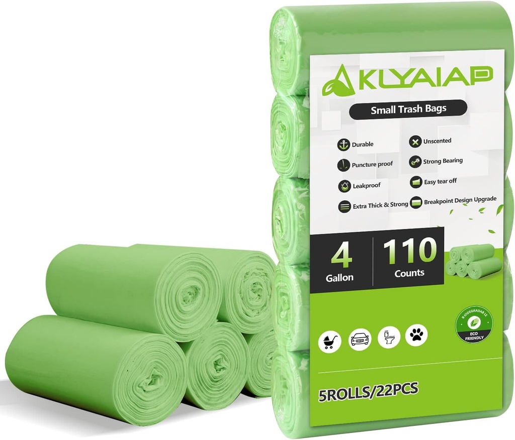 110 Counts Aklyaiap Small Trash Bags Biodegradable, Extra Thick & Strong 4 Gallon Trash Bag Green, Unscented Small Garbage Bags, Easy Tearing Waste Basket Liners for Kitchen, Bathroom, Bedroom, Office