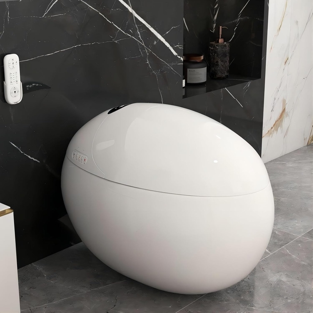 KunMai Egg-Shaped Smart Toilet, One-Piece Modern White Freestanding Toilet with Heated Seat, Soft Close, Adjustable Drying, and Remote Control for Bathrooms