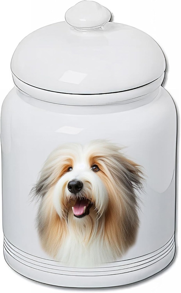 Bearded Collie Tan/White - Best of BreedDog and Cat Ceramic Treat Jar 9" Tall Air Tight Seal All White