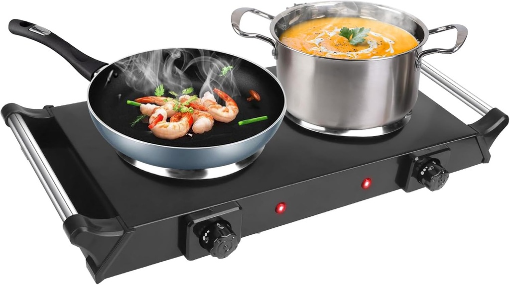 Electric Stove, 2000W Electric Countertop Burner with 5 Adjustable Temperature Control, Portable Coil Heating Hot Plate and Easy to Clean Base for Home, Dorm and Office (Black, Double)