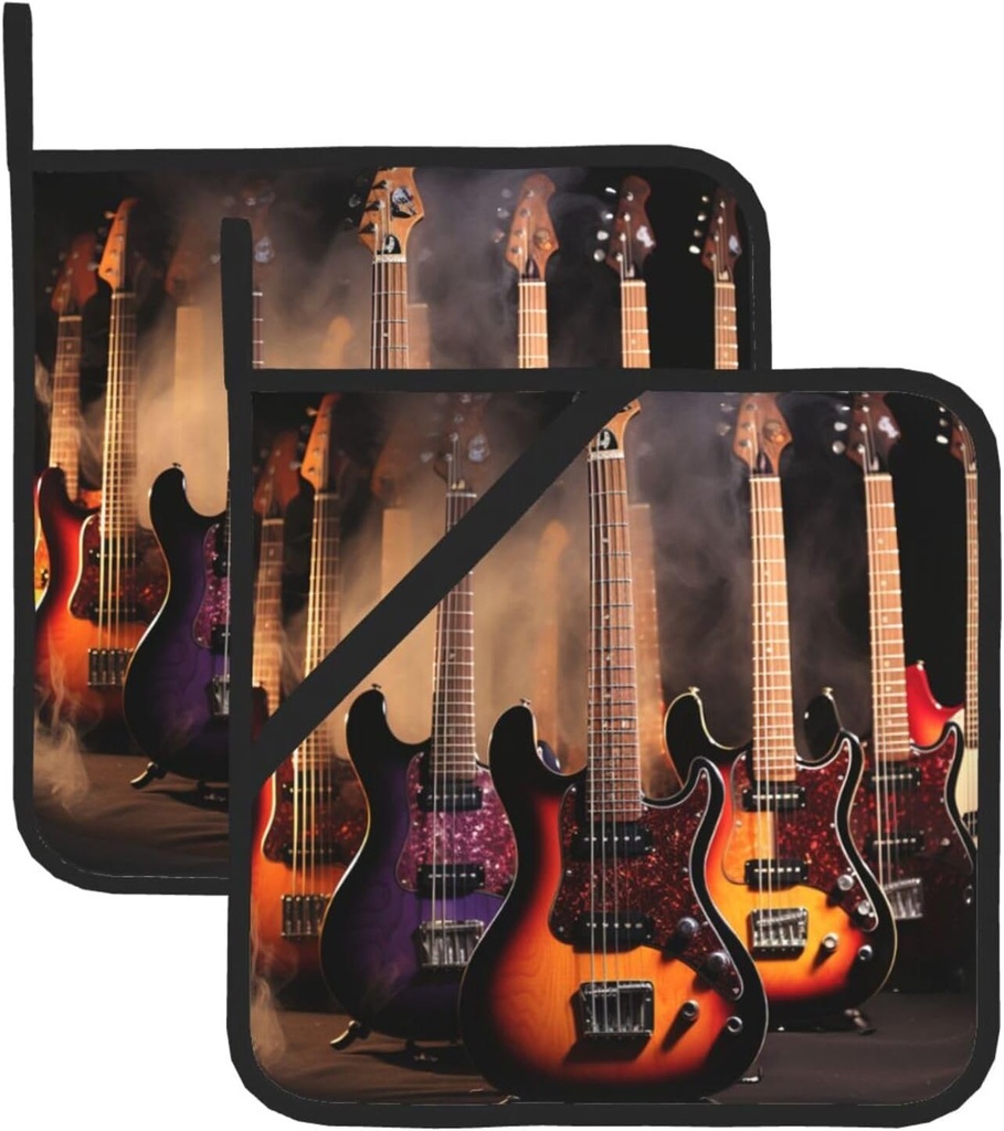Cool Electric Guitar Print Pot Holders Set of 2 Heat Resistant Waterproof Hot Pads Kitchen Pot Holders for Microwave Cooking Baking Oven BBQ 8 X 8 Inch