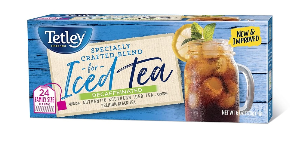 Tetley Black Tea, Decaffeinated Iced Tea Blend, Family Size, 24 Square Tea Bags (Pack of 6) (Packaging may vary)