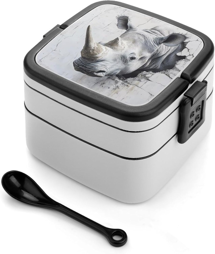 Angry Rhinoceros from Wall Portable Bento Box with Handle 2 Compartment Leak-Proof Stackable Lunch Box for Work Picnic Camping