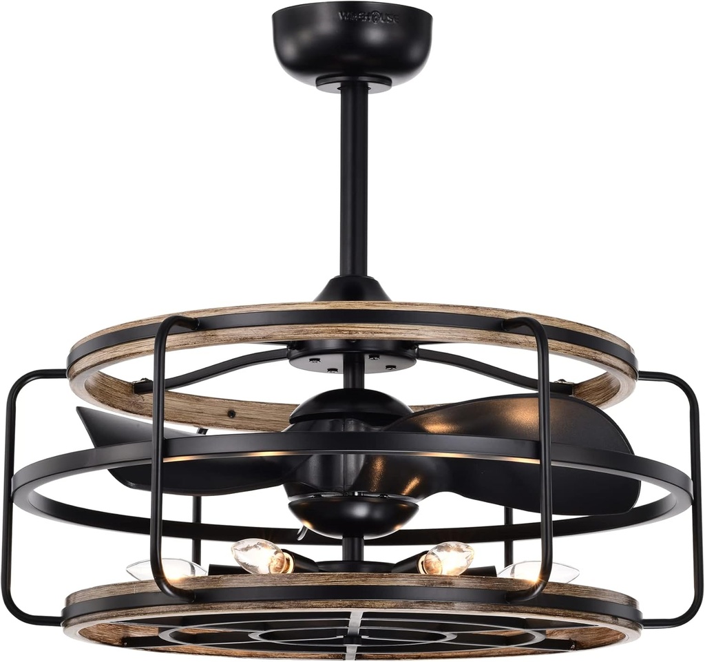 Warehouse of Tiffany Amable 26 Inch Farmhouse and Industrial Style Matte Black Finish Fandelier with Remote, Matte Black and Wood Grain, Large (DW01W41IB)