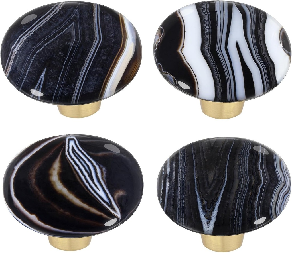 moonsix Set of 4 Oval Shape Crystal Stone Cabinet Drawer Knobs, Healing Chakra Cupboard Handles Decoration, Black Banded Agate