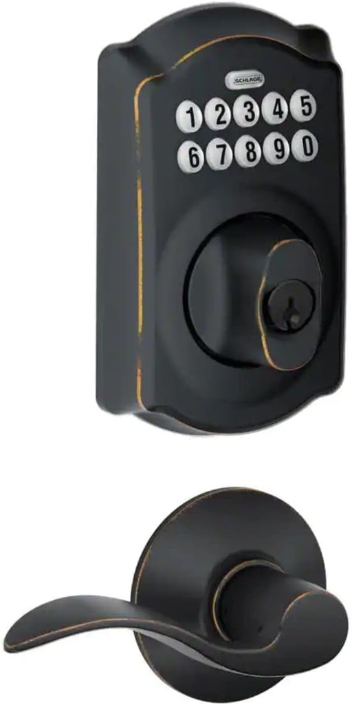 Schlage FBE365 V CAM 716 Acc Camelot Aged Bronze Electronic Door Lock Deadbolt with Accent Door Lever Combo