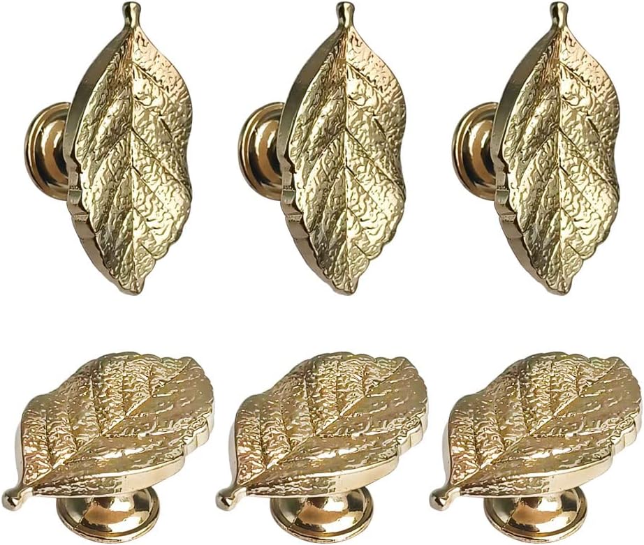 XXHong 6Pcs Creative Cabinet Drawer Handles, Gold Dresser Drawer Cabinet Leaf Handles, Decorative Pull Handles, Kitchen Door Hardware