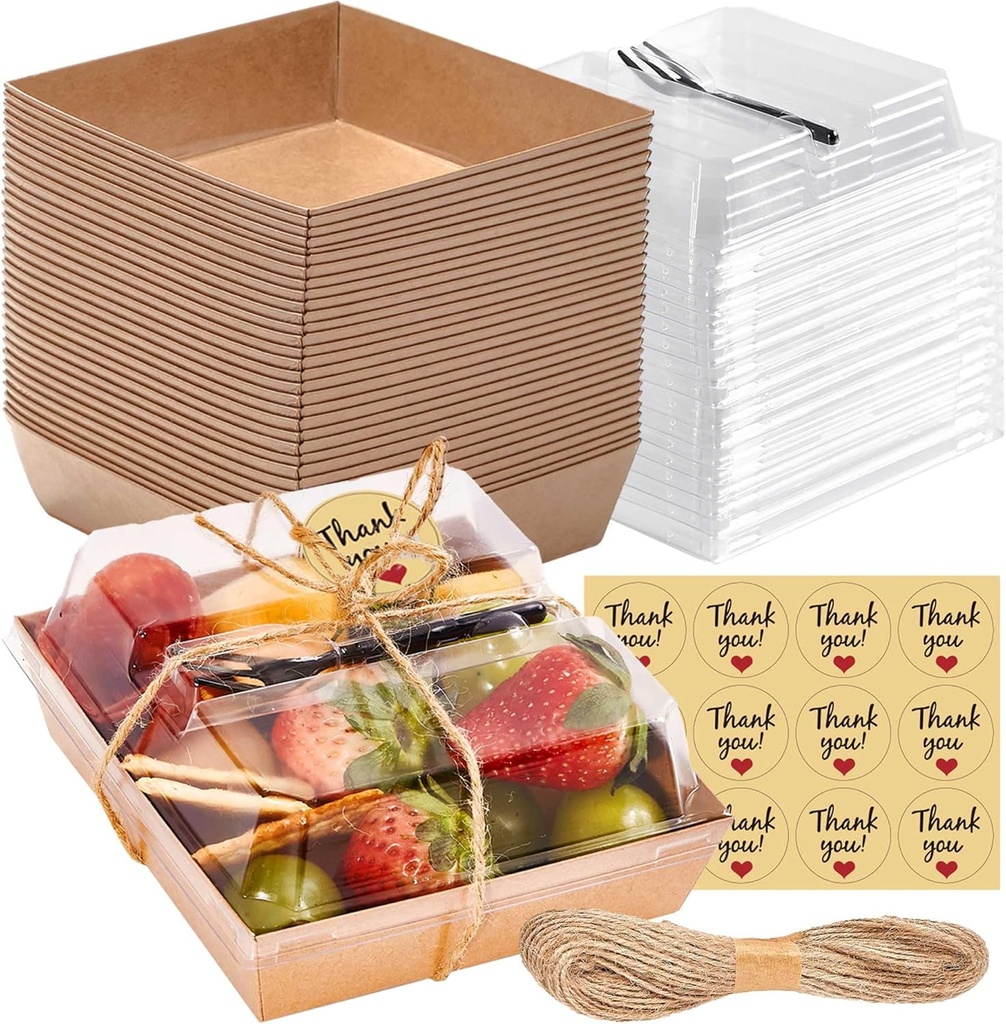 50 Pack Small Individual Charcuterie Boxes with Clear Lids and Forks - To Go Paper Mini Charcuterie Box, Disposable Food Containers, 5Inch Dessert Boxes for Cookie, Cake Slice, Strawberries