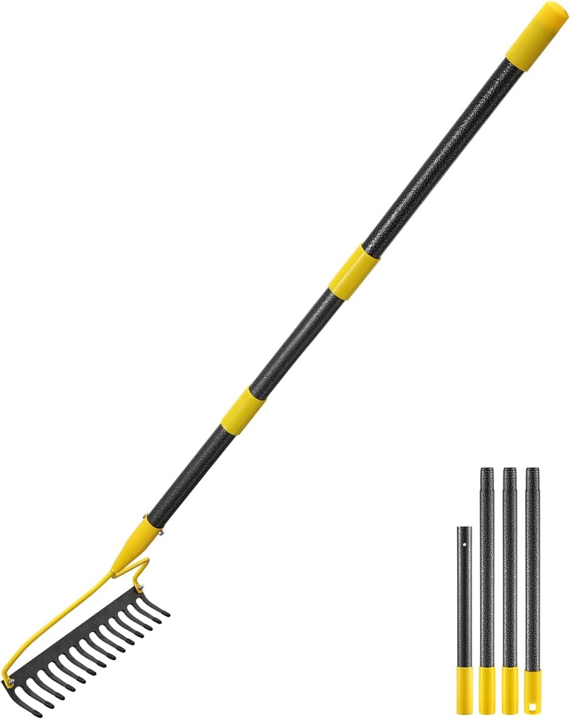 Garden Rake, 60 Inch Long 14 Inch Wide Heavy Duty 14 Tines Metal Bow Rake for Lawn,Hard Landscape Cultivator Garden Rakes with Adjustable Steel Handle for Loosening Soil Leveling Mulch Gathering Leaf