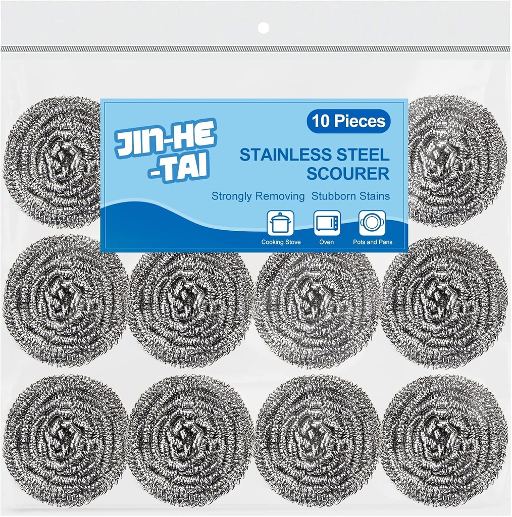 10 Pack Stainless Steel Scrubber, Steel Wool Srubber for Scouring Stubborn Messes from Pots and Pans, Stoves,Broiler Racks,Grills and More