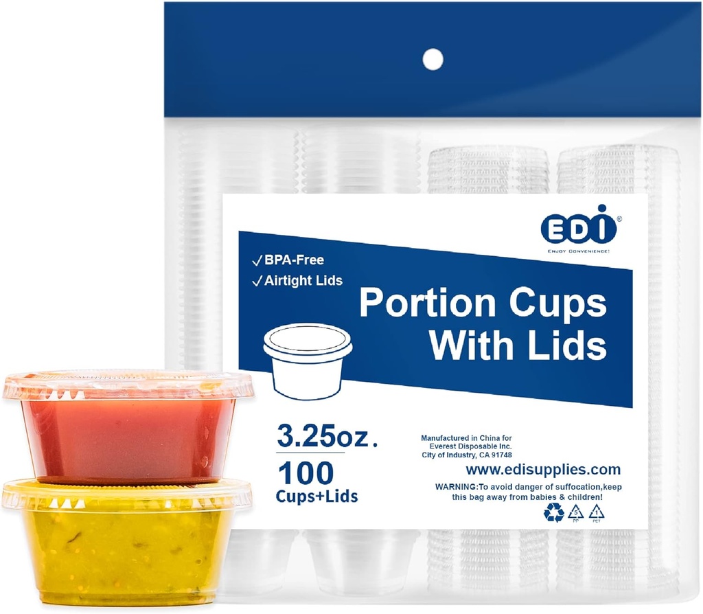EDI Clear Disposable Plastic Portion Cups with Leakproof Lids | Jello Shot & Condiment Cups | 3.25 OZ, 100 Sets | BPA Free & Recyclable