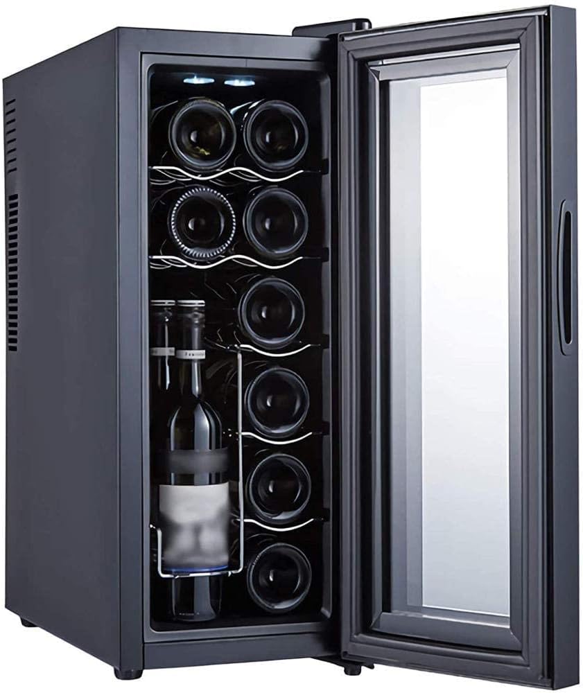 Wine Cooler 12 Bottle Thermoelectric Wine Cellar Fridge Small Countertop Constant Humidity Wine Refrigerator Digital Control Glass Door Black-A Metal Shelves