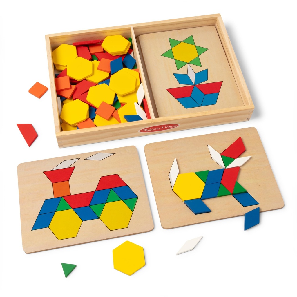Melissa & Doug Kids Pattern Blocks And Boards Classic Toy (Developmental Toy, Wooden Shape Blocks, Double-Sided Boards, 120 Shapes & 5 Boards)