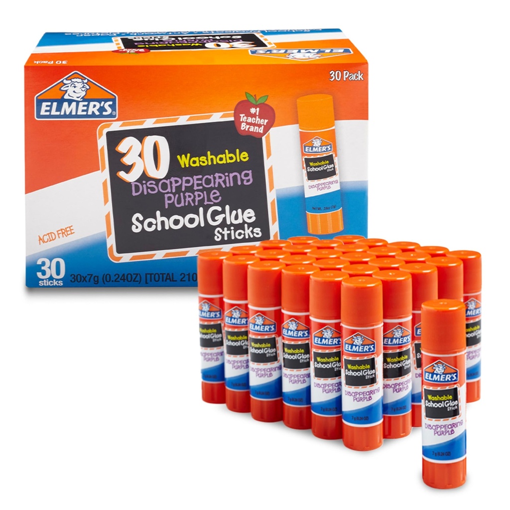 Elmer's Disappearing Purple School Glue Sticks, Washable, 7 Grams, 30 Count - Posters, Back to School, Bulk Pack for Classrooms, #1 Teacher Brand