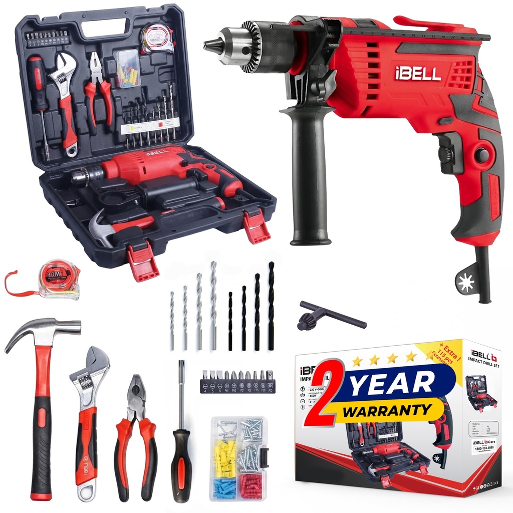 IBELL Professional Tool Kit With Impact Drill TD13-85 | 650W Pure Copper Motor | 13mm Metal Chuck | 2-Speed | 59-Piece Home Essential & DIY Tool Set | Red/Black BMC Box | 2-Year Warranty