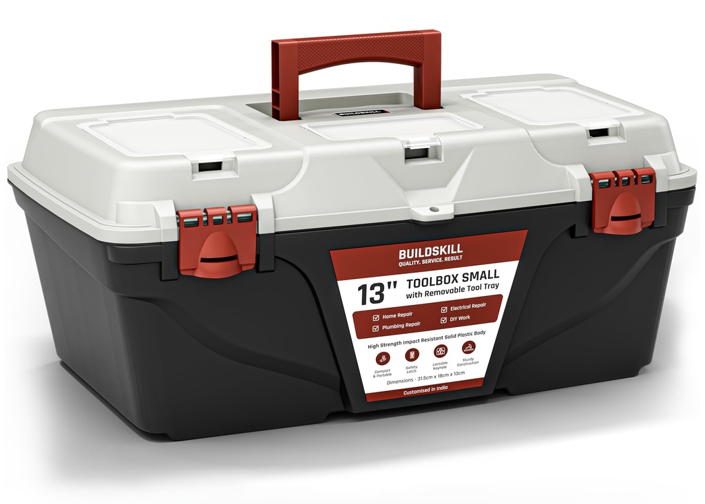 BUILDSKILL 13" Small Tool Box for Home | Convenient Top Lids & Removable Tool Tray | Secure Latch Lock | Key Hole | Heavy Duty Impact Resistant Body | Ideal Repair Toolbox for DIY & Professional Use