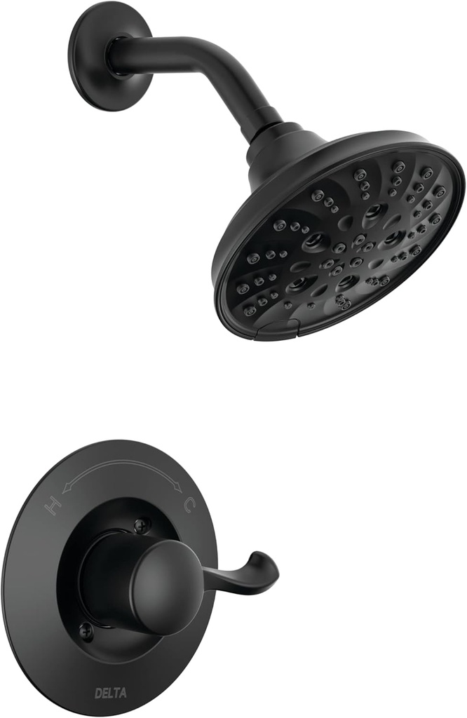 Delta Faucet Esato 14 Series Single-Handle Black Shower Faucet, Shower Trim Kit with 5-Spray H2Okinetic Black Shower Head, Matte Black 142897-BL (Valve Included)