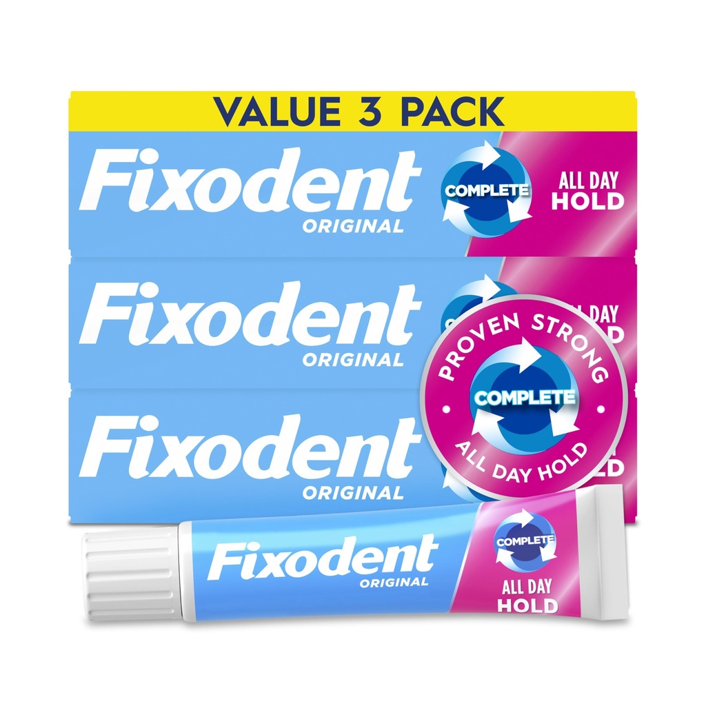 Fixodent Complete Denture Adhesive Cream, Original, 2.4 oz (3-Pack) – Strong False Teeth Glue, Secure Dental Adhesive for Full and Partial Plates, Packaging May Vary