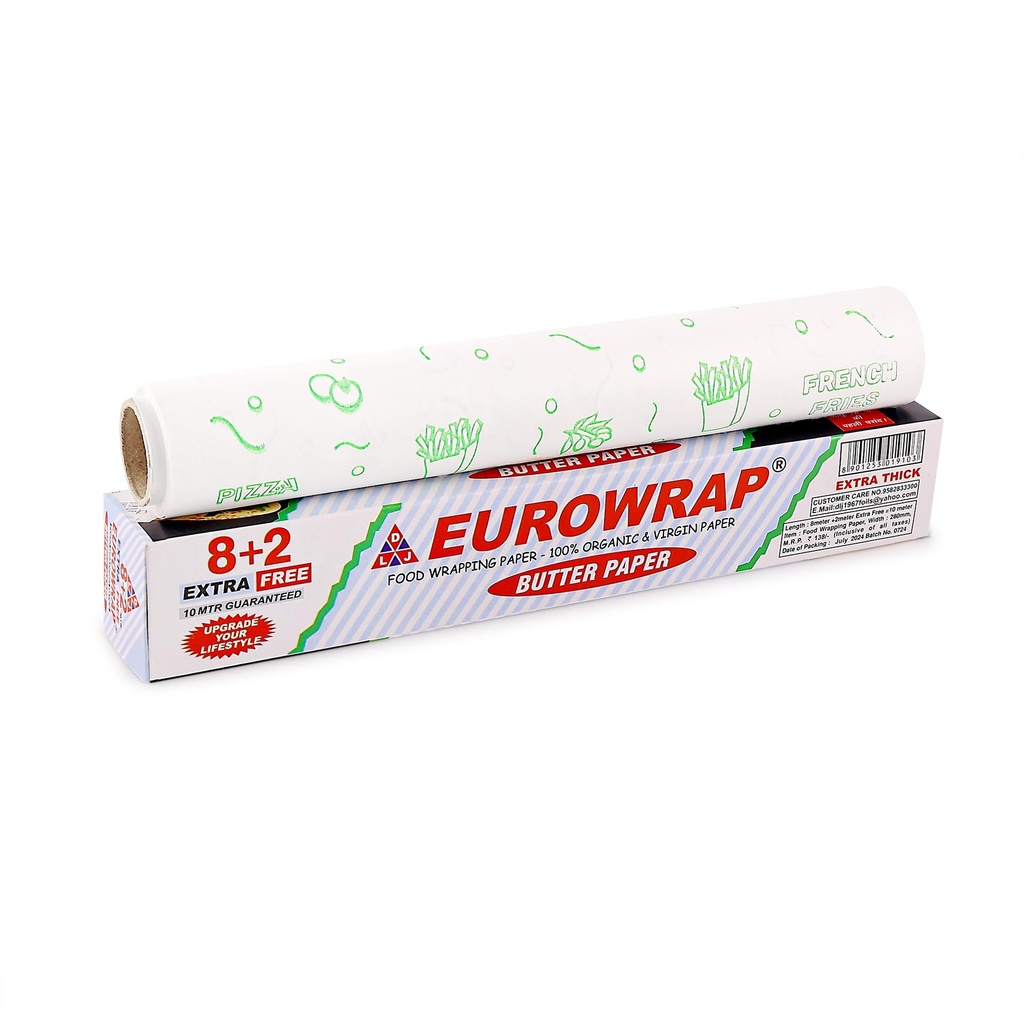 EUROWRAP Food Wrapping Butter Paper 10 Mtr (8+2) | Extra Thick Food Grade Wrap for Cooking, Baking, Packing, Serving & Roti | Non-Stick Multipurpose Parchment Paper | Kitchen Essentials