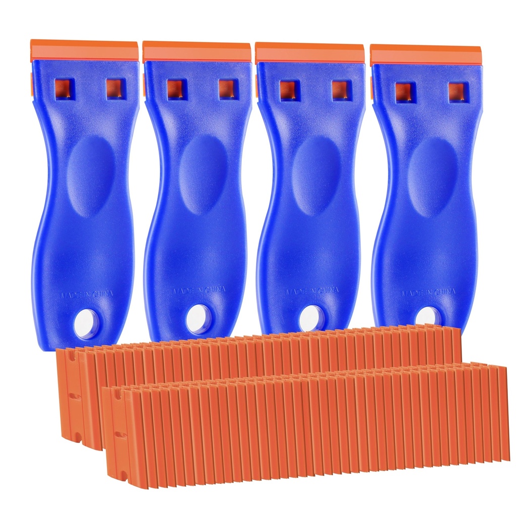 4 PCS Plastic Razor Blade Scraper and 120 PCS Plastic Razor Blades, Cleaning Scraper Tool for Remover, Adhesive, Stickers, Decals, Glass, Labels, Cars Windows