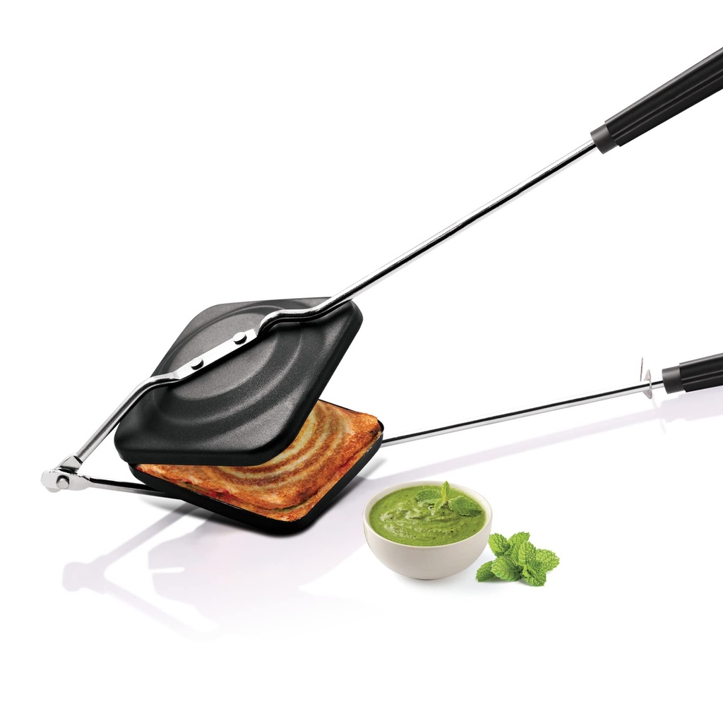 MILTON Pro cook Non-Stick Aluminium Sandwich Gas Toaster, 14 cm, Sandwich Maker, Sandwich Griller, Heat-Resistant Bakelite Handle, Gas Compatible, PFOA Free, Black
