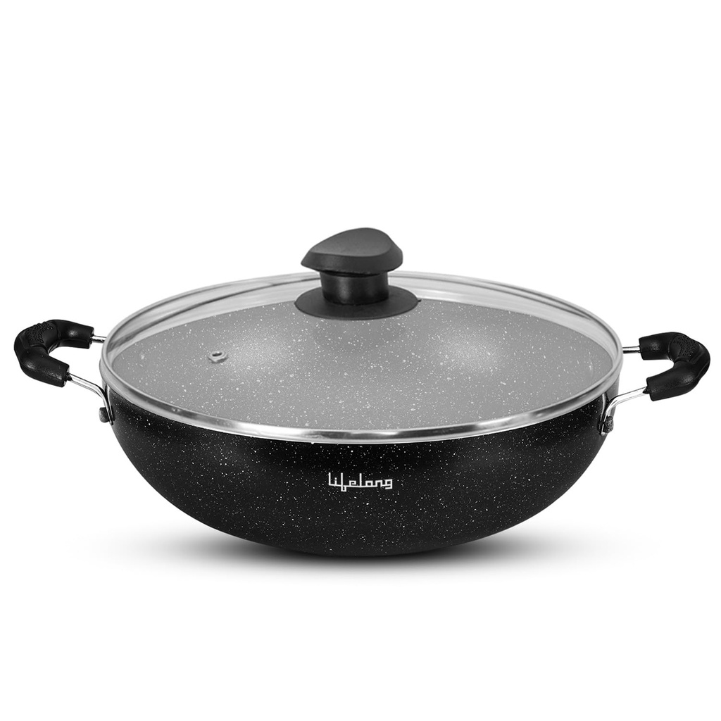 Lifelong Non-Stick Frying Kadai with Glass Lid | 2.5 Litre & 24 cm Induction and Gas Compatible Cookware Kadhai | Scratch Resistant Kadai for Cooking Curry, Dal, Rice & Biryani (LLKA02, Black)